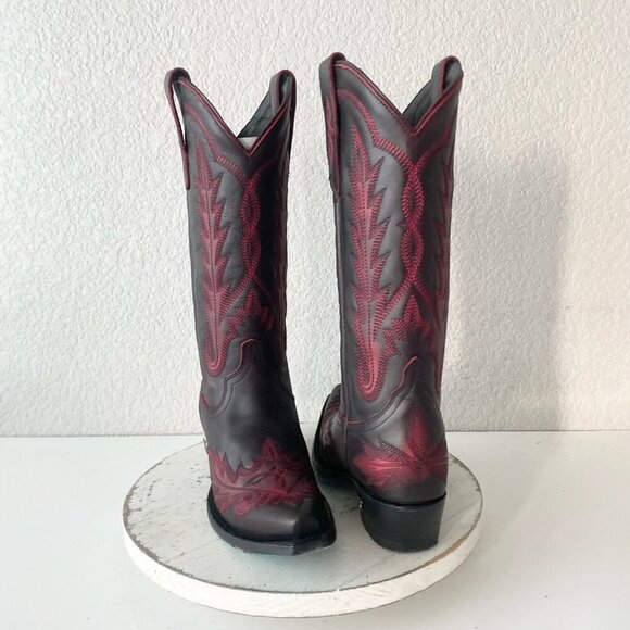 Lane LEXINGTON Womens Cowboy Boots 7 Black Cherry Western Cowgirl Mid Calf Tall